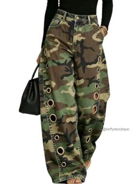 Women High Rise Wide Leg Barrel Jeans Metal Ring Cut-Out Denim Pants